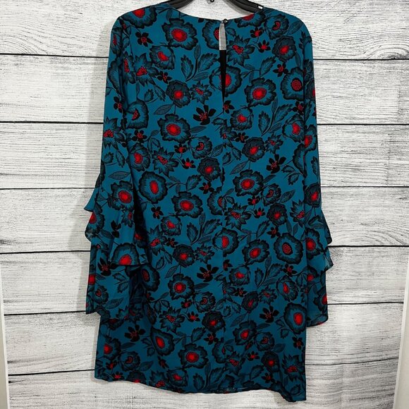 Hashttag Blue Floral Ruffle Long Sleeve Dress With Keyhole Back & Layered Bell S - Picture 4 of 4